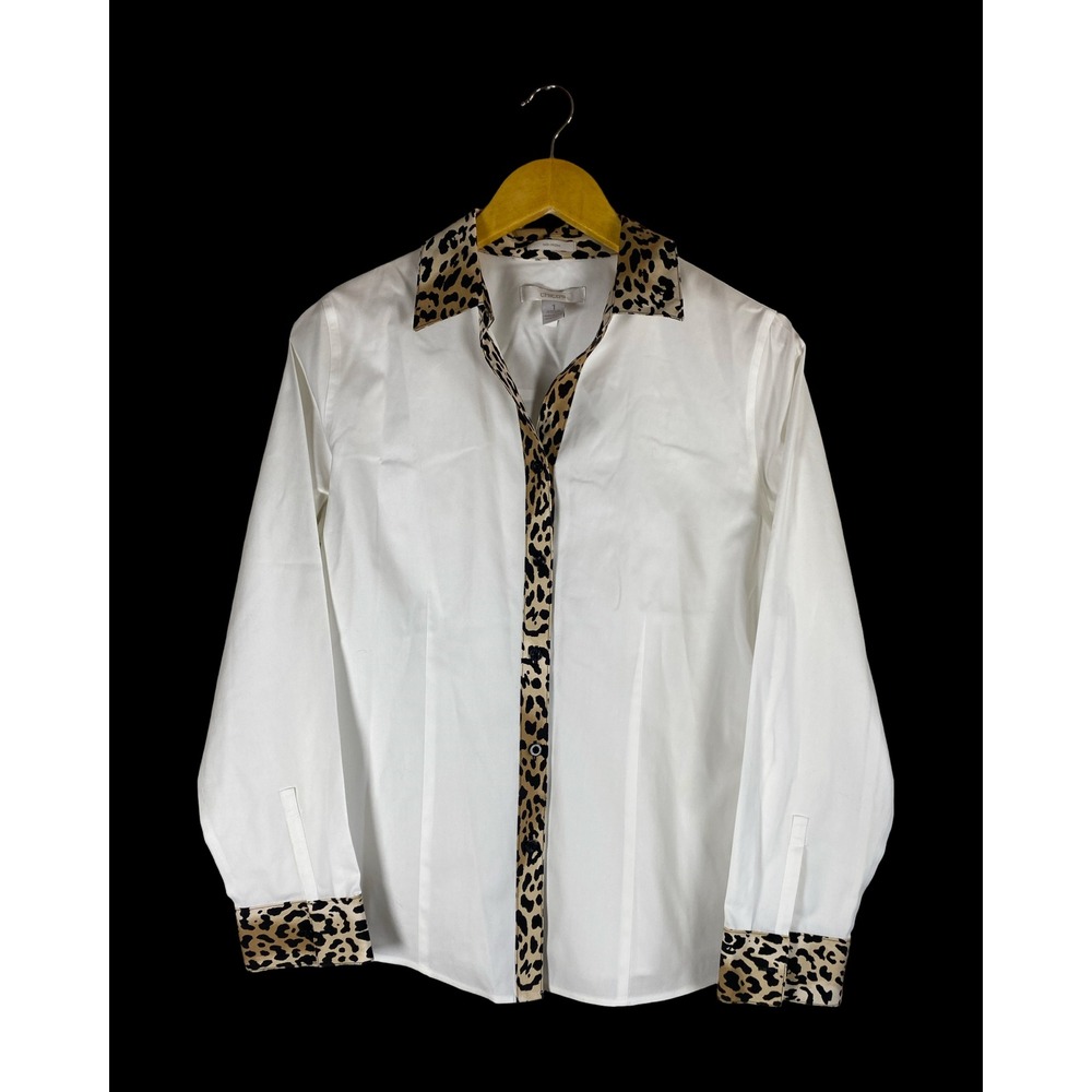 Chicos No-Iron White Cotton Button Down Shirt Leopard Print Trim Womens Size 1